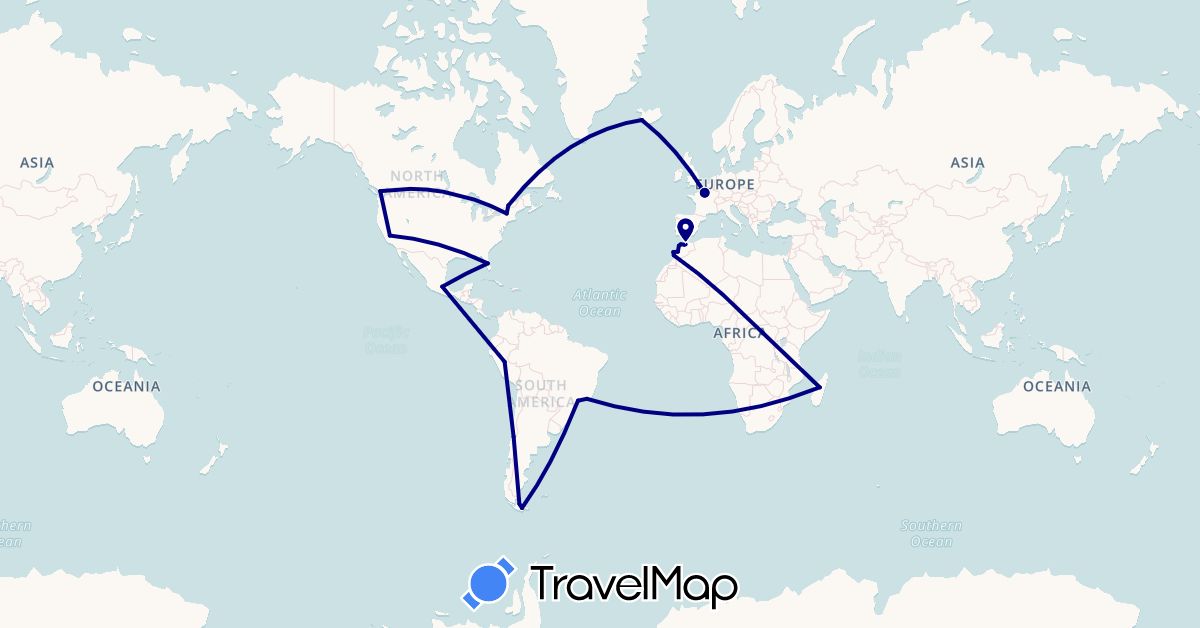 TravelMap itinerary: driving in Argentina, Brazil, Canada, Chile, France, Iceland, Morocco, Madagascar, Mexico, Peru, United States (Africa, Europe, North America, South America)